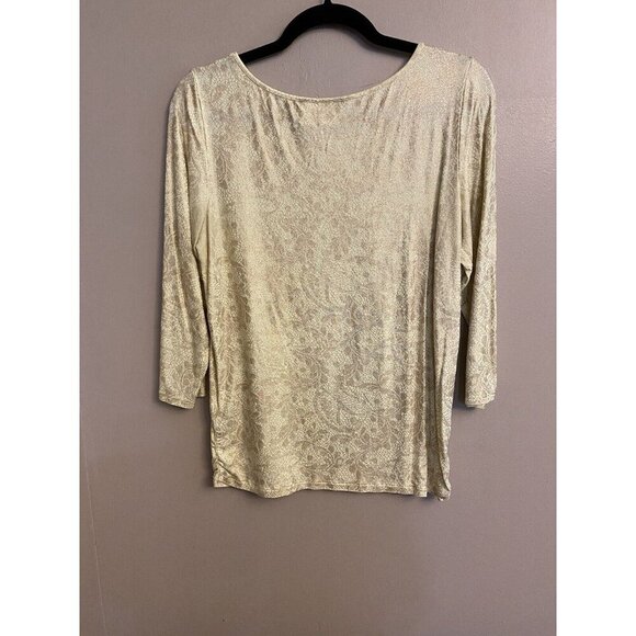 Chico's Floral Knit Top Yellow with Gold Metallic 3/4 Sleeve Ruched Sides Sz 1 - Picture 2 of 9